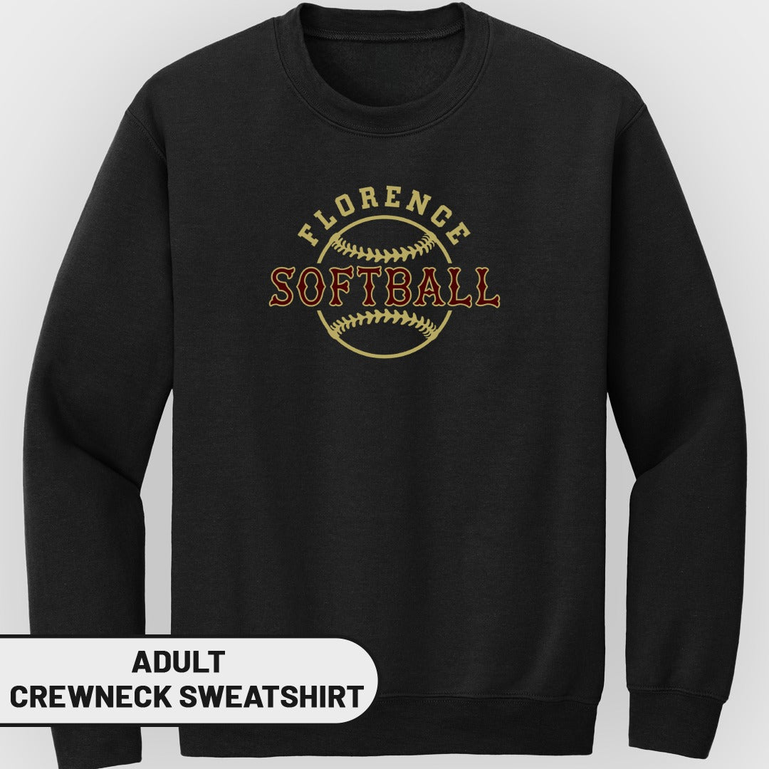 Black adult crewneck sweatshirt with "Florence Softball" text and softball graphic.