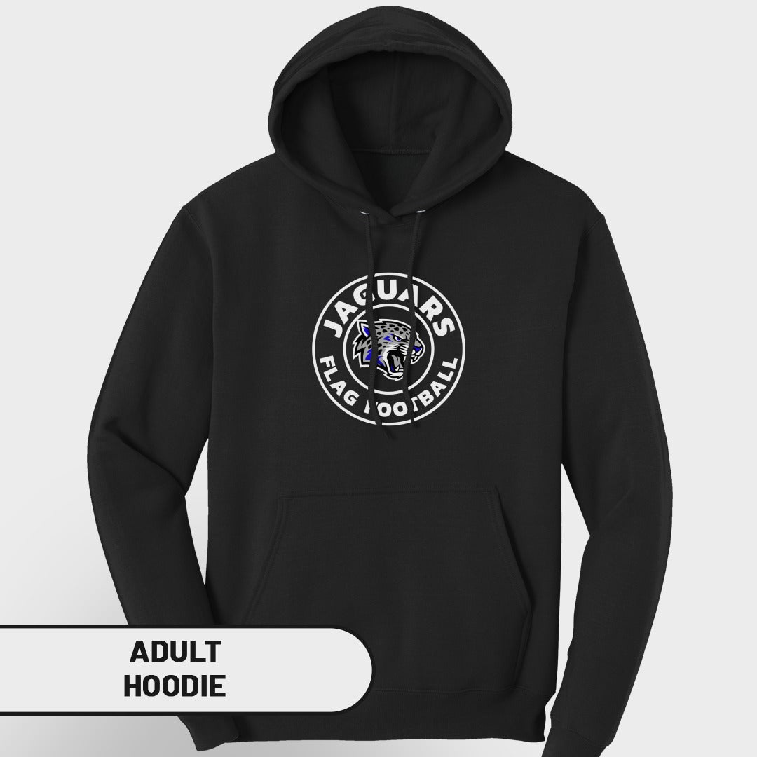 Black adult hoodie with Jaguars Flag Football logo on chest.