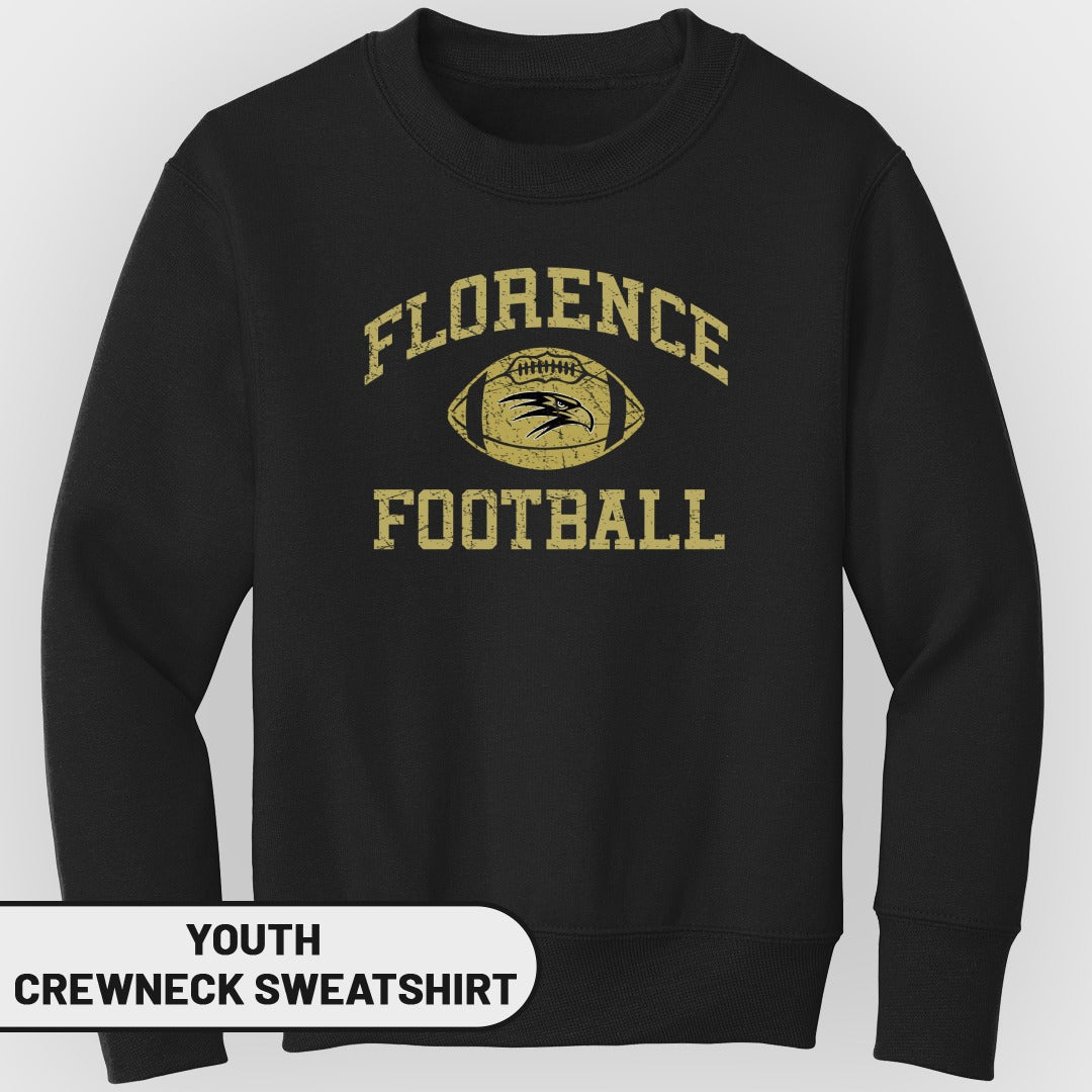 Youth black crewneck sweatshirt with "FLORENCE FOOTBALL" text and football graphic.