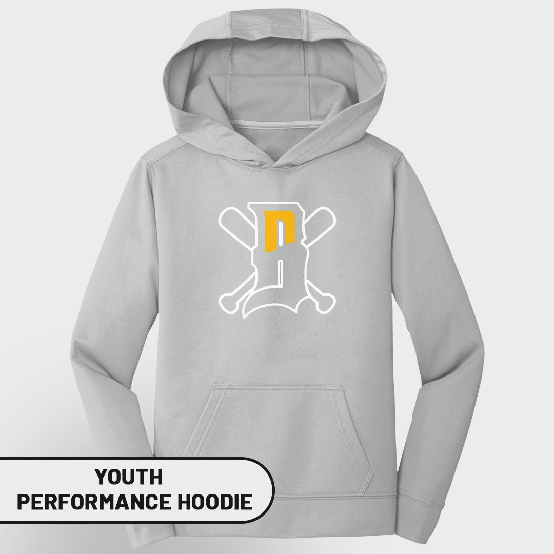 Grey youth performance hoodie with white and yellow baseball team logo.