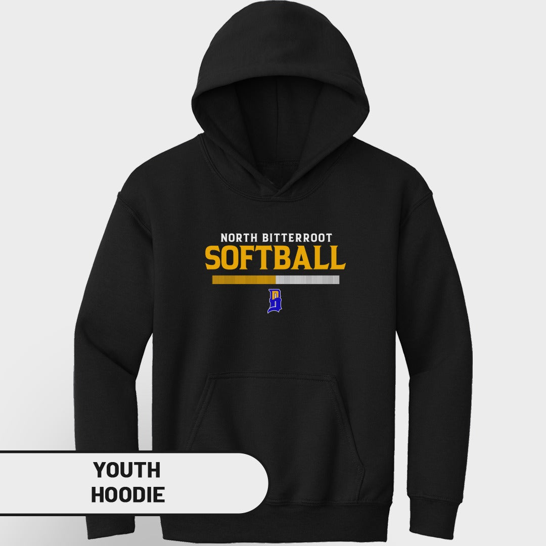 Black youth hoodie with "NORTH BITTERROOT SOFTBALL" in yellow and blue.