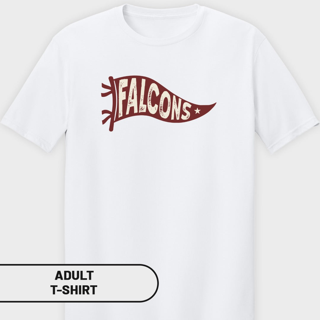 White adult t-shirt with a maroon banner graphic reading "FALCONS".