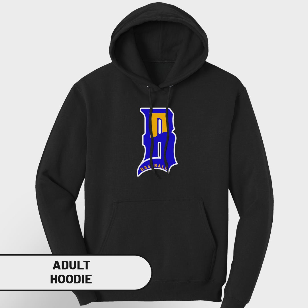Black adult hoodie with blue and yellow "DB" baseball logo.