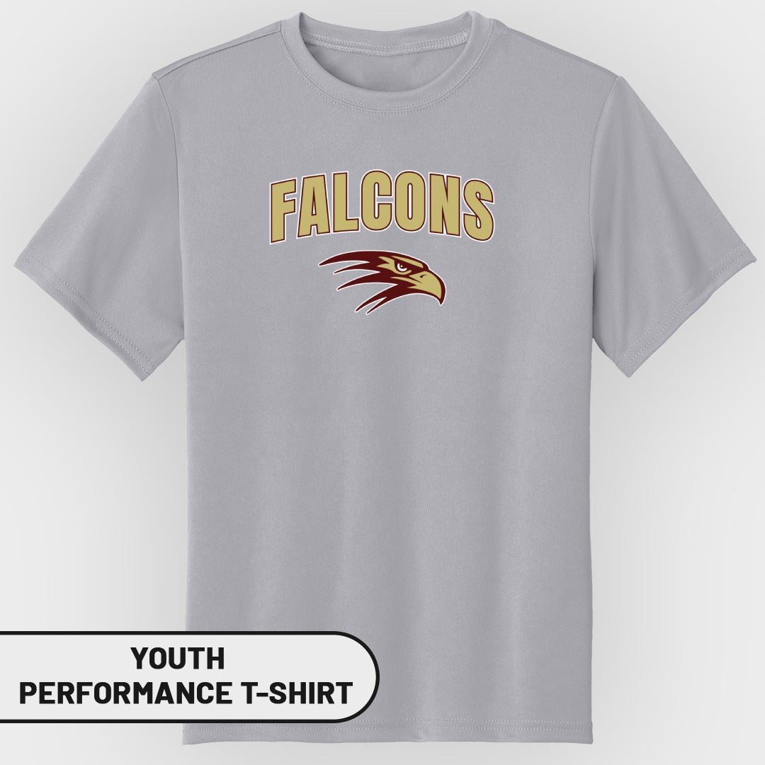 Gray youth performance t-shirt with "Falcons" and eagle logo.