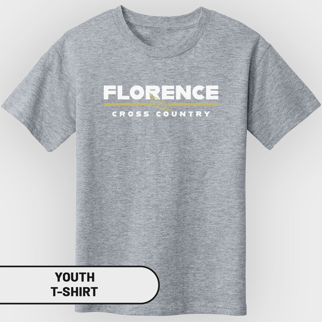 Youth grey t-shirt with "Florence Cross Country" text and graphic.