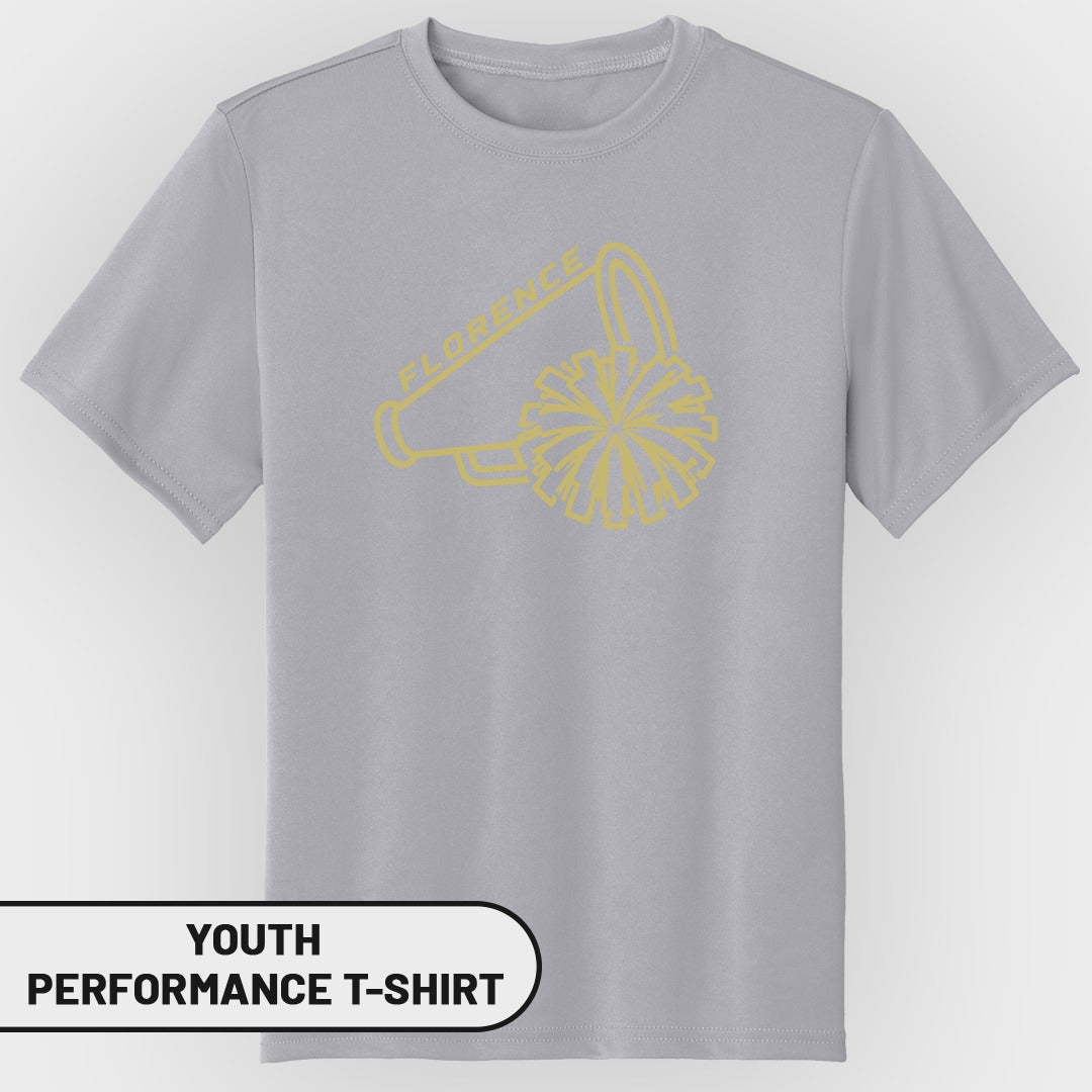Gray youth performance t-shirt with yellow megaphone and pom-pom graphic.
