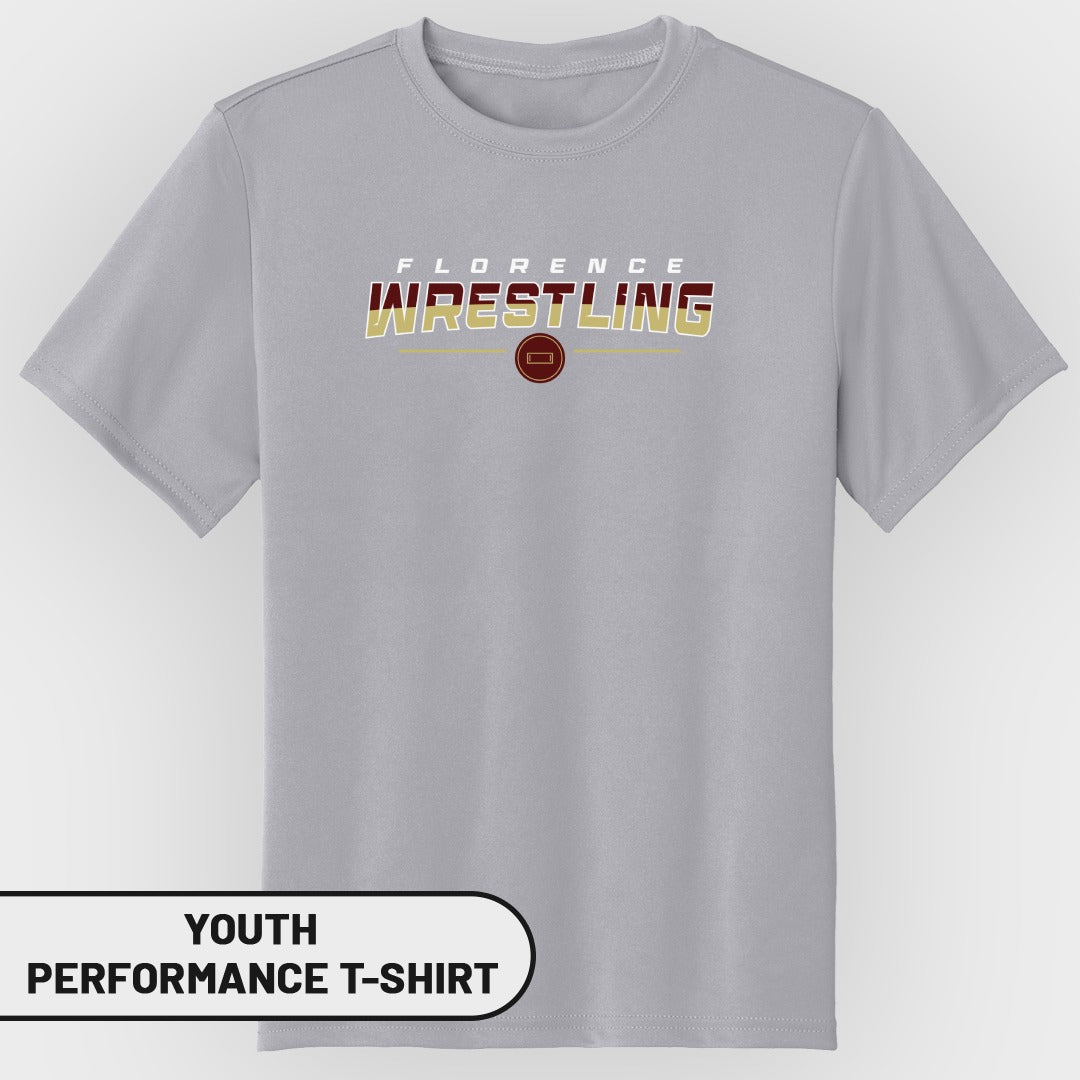 Youth performance t-shirt with "Florence Wrestling" text and circular logo.