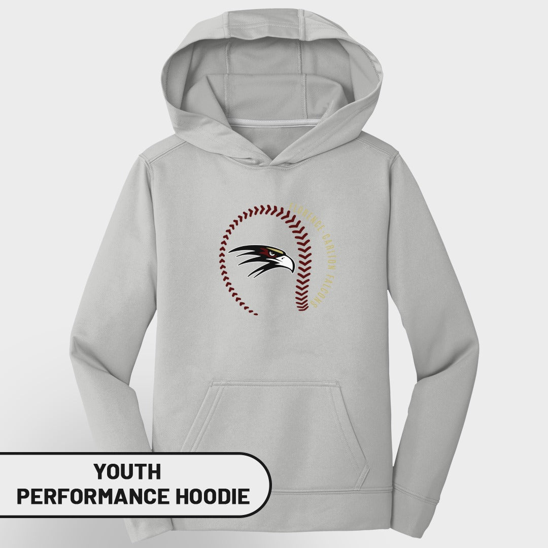 Light grey youth performance hoodie with baseball and falcon logo.