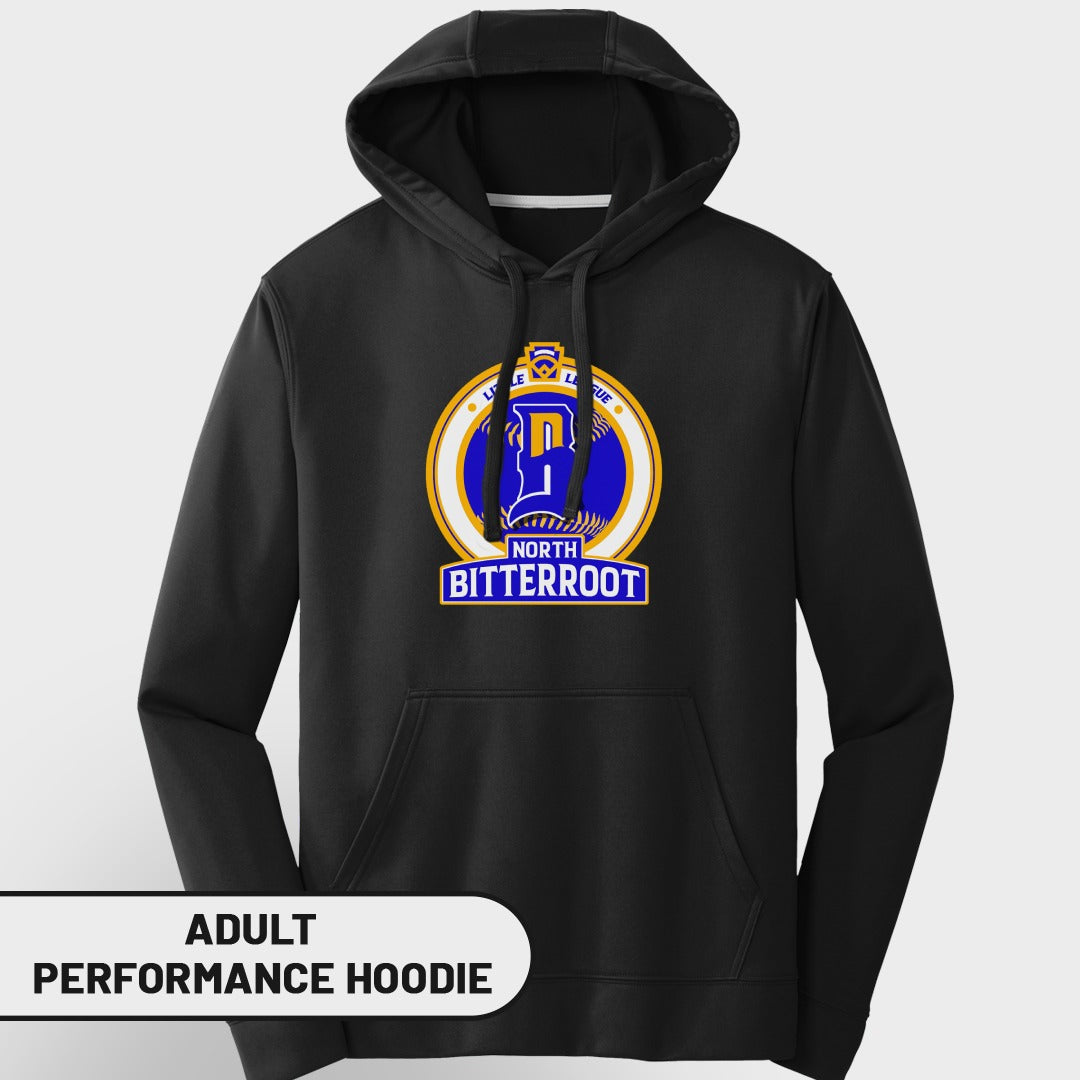 Black adult performance hoodie with North Bitterroot logo.