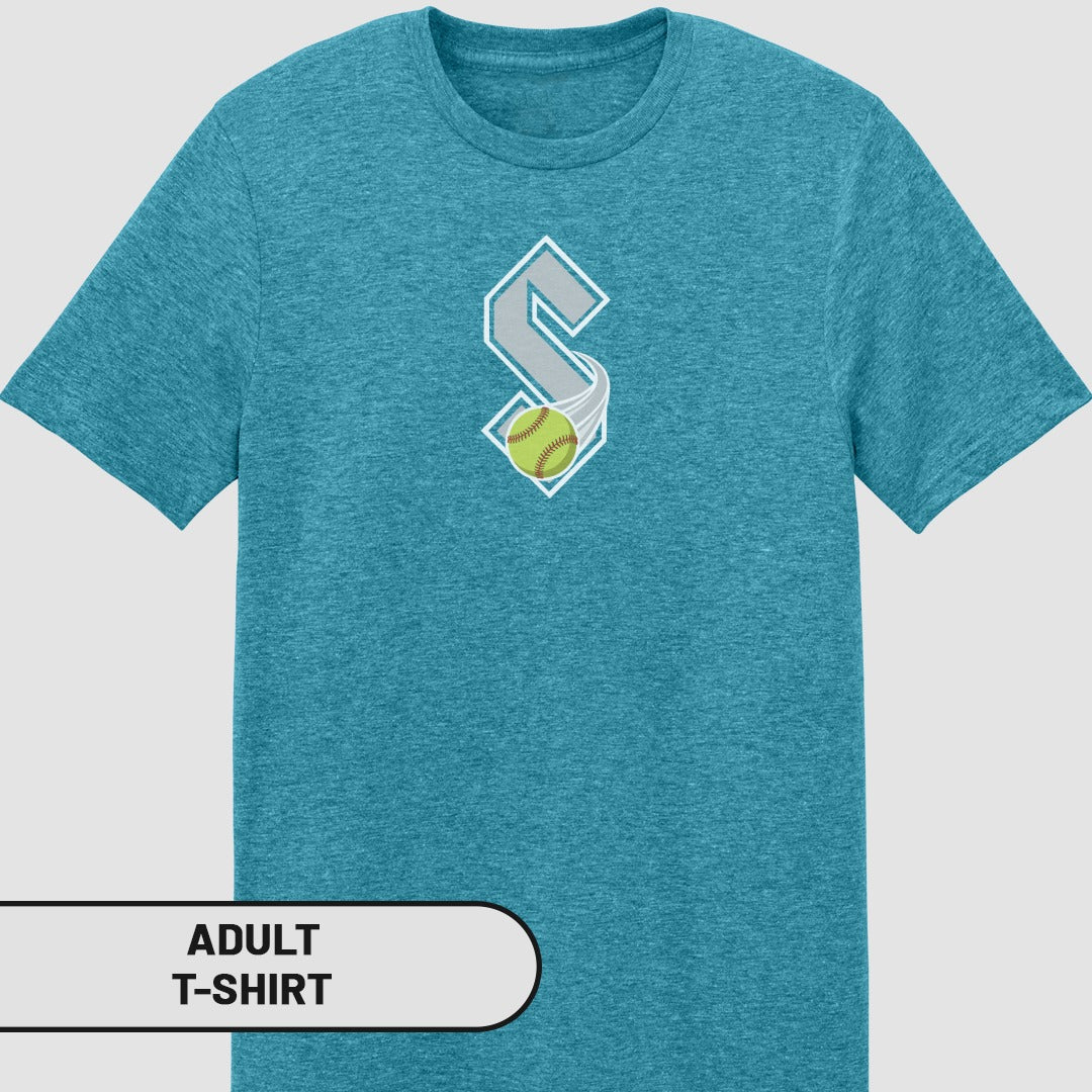 Adult t-shirt with stylized "S" logo and softball.