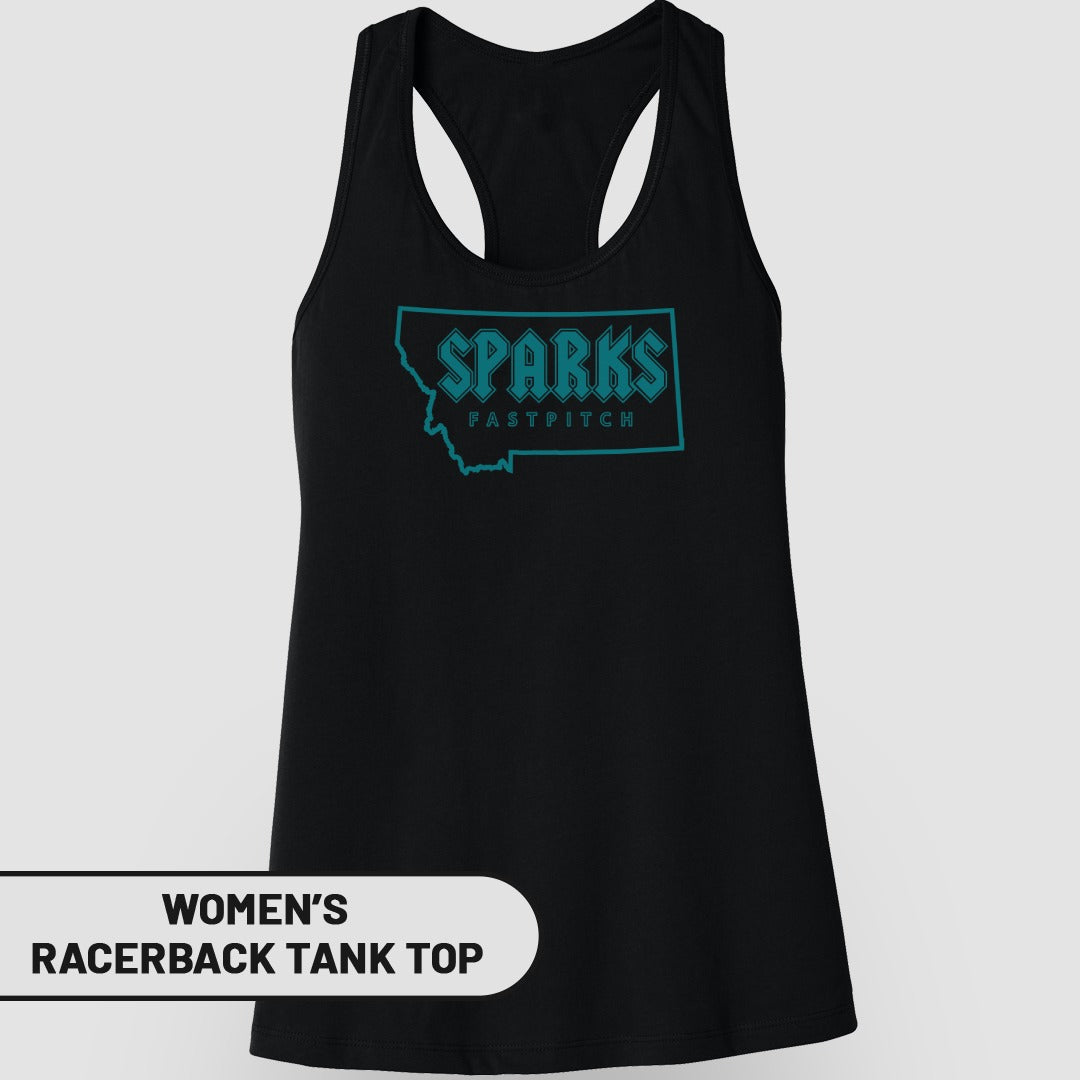 Black women's tank top with "Sparks Fastpitch" and Montana outline logo.