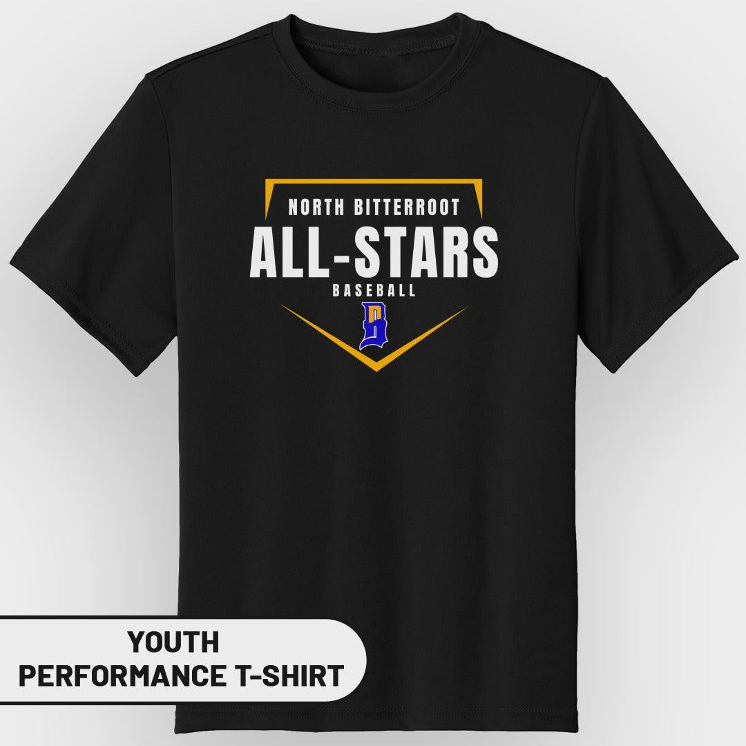 Youth North Bitterroot All-Stars baseball performance t-shirt.
