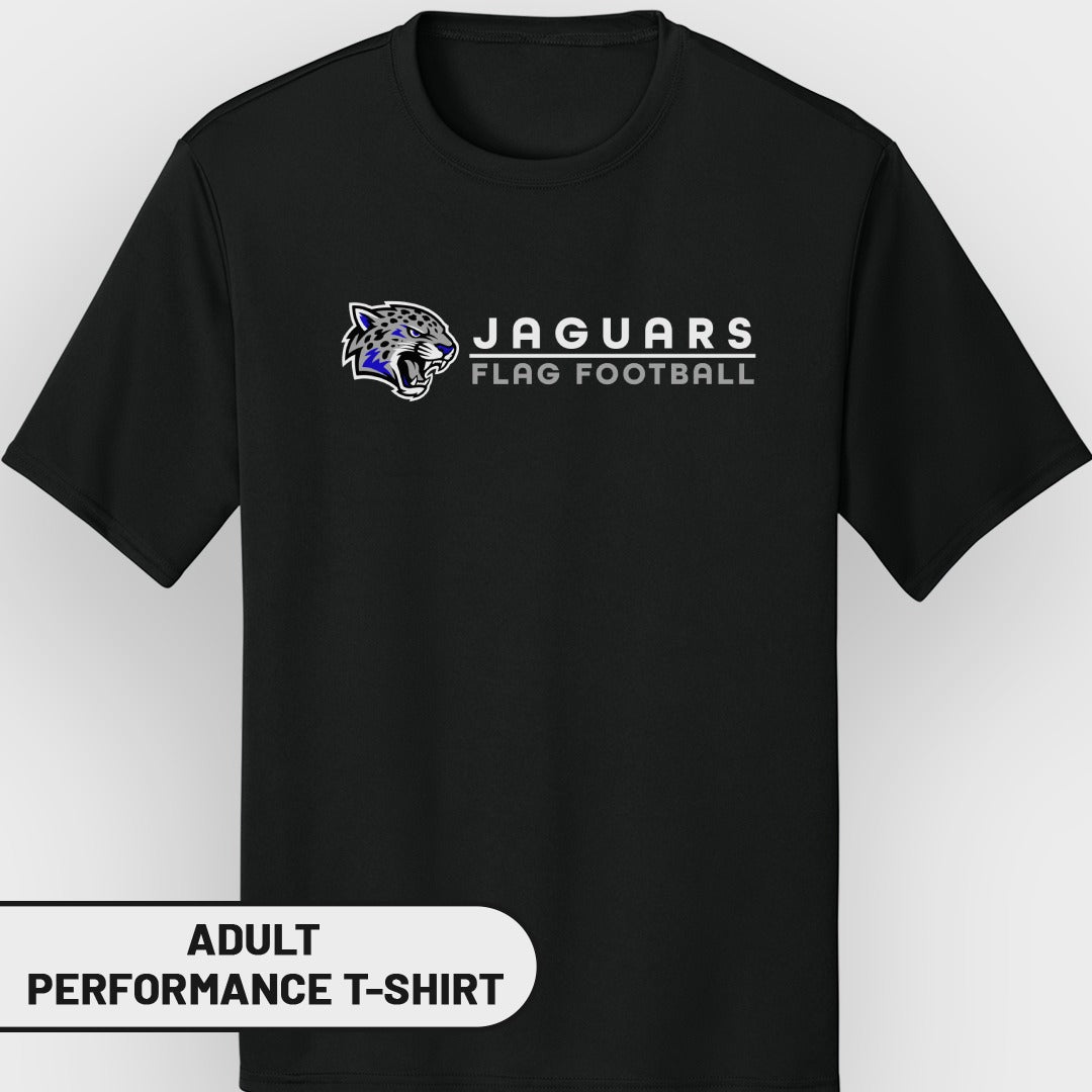 Black adult performance t-shirt with Jaguars flag football logo and text.