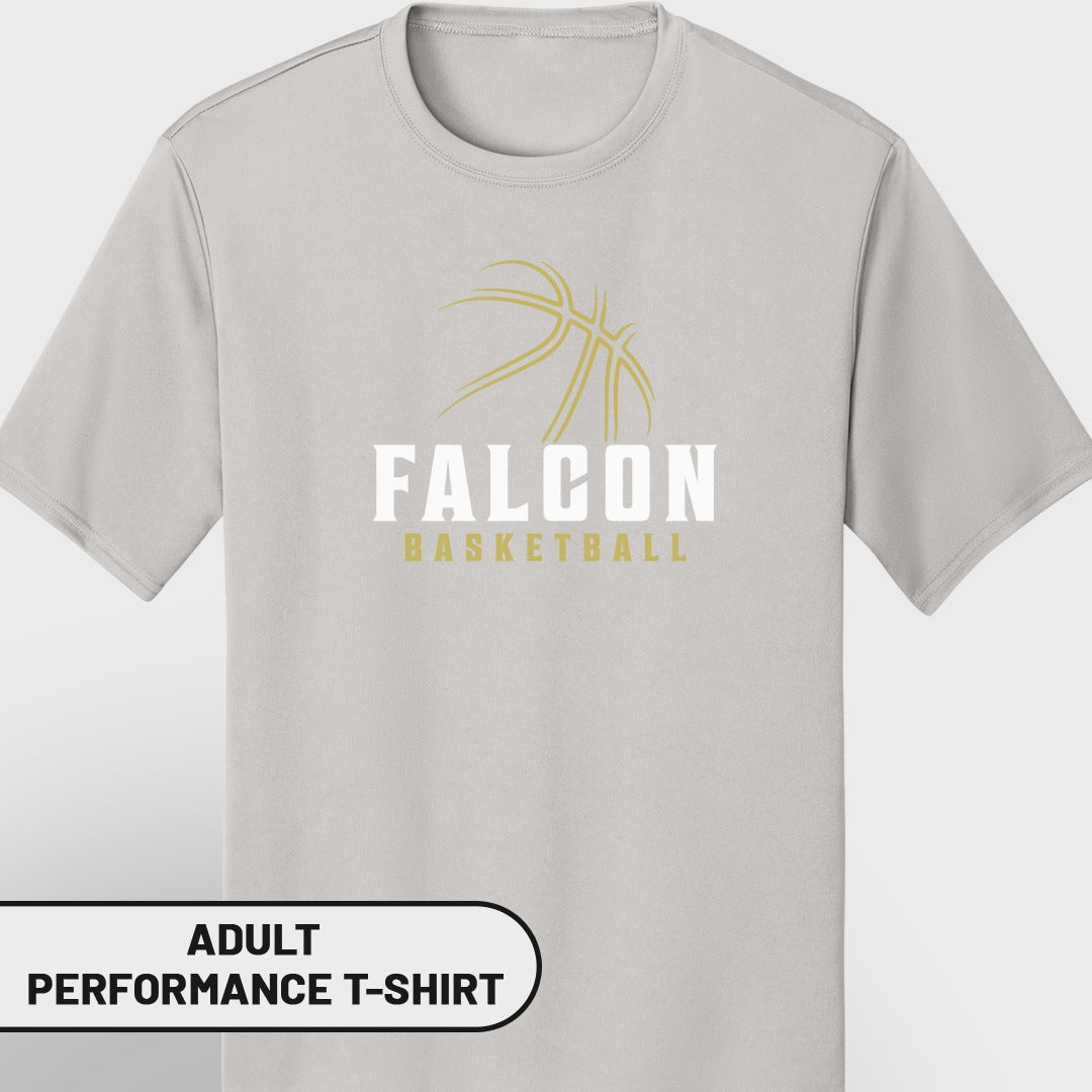 Light grey adult performance t-shirt with "Falcon Basketball" and basketball graphic.