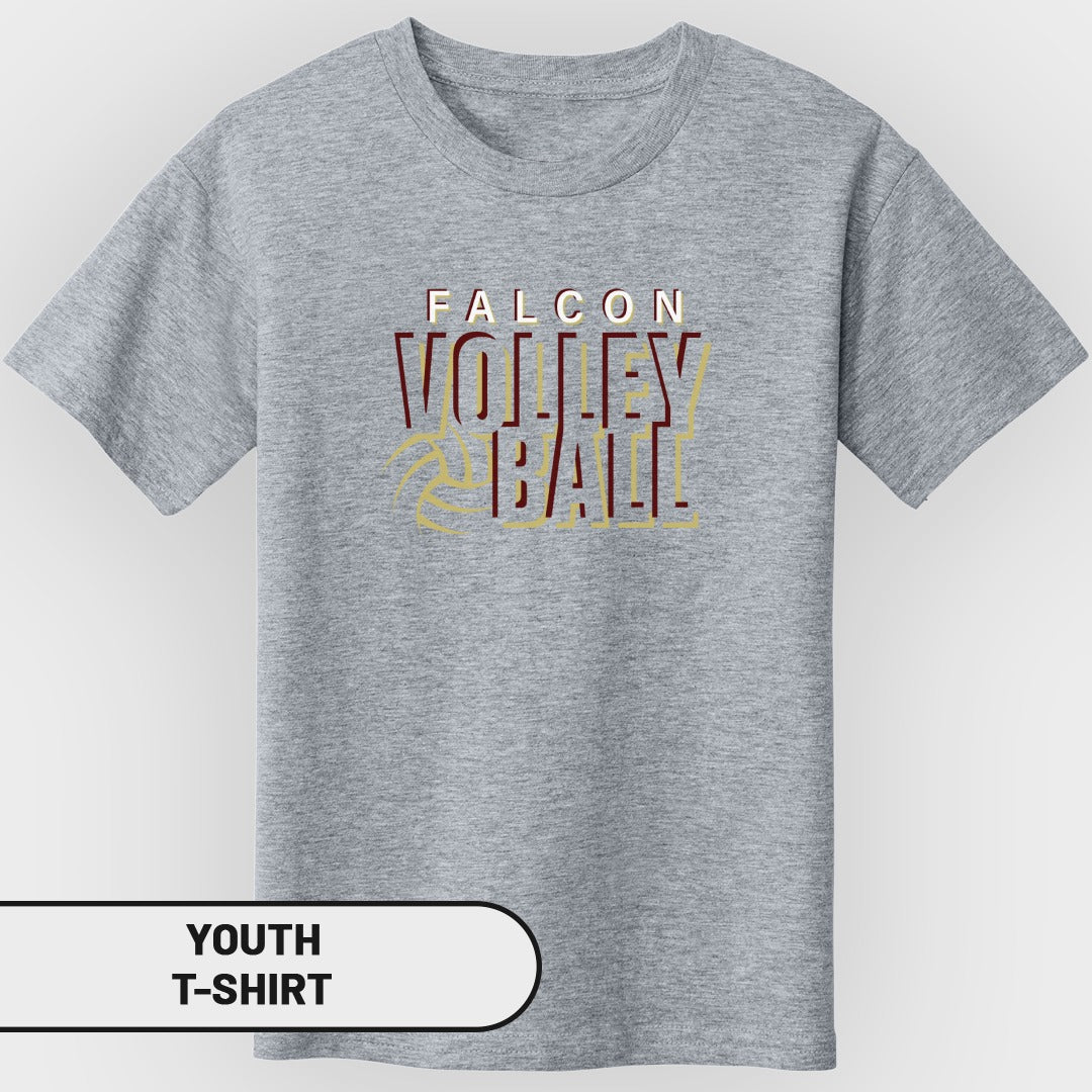 Grey youth t-shirt with "Falcon Volleyball" text and a volleyball graphic.