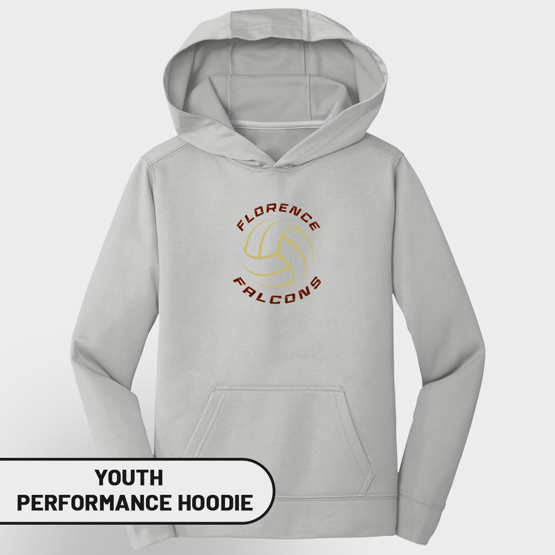 Light gray youth performance hoodie with Florence Falcons volleyball logo.