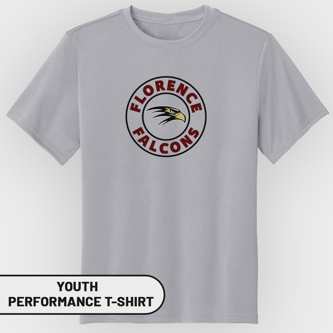 Youth performance t-shirt with Florence Falcons logo on a grey shirt.