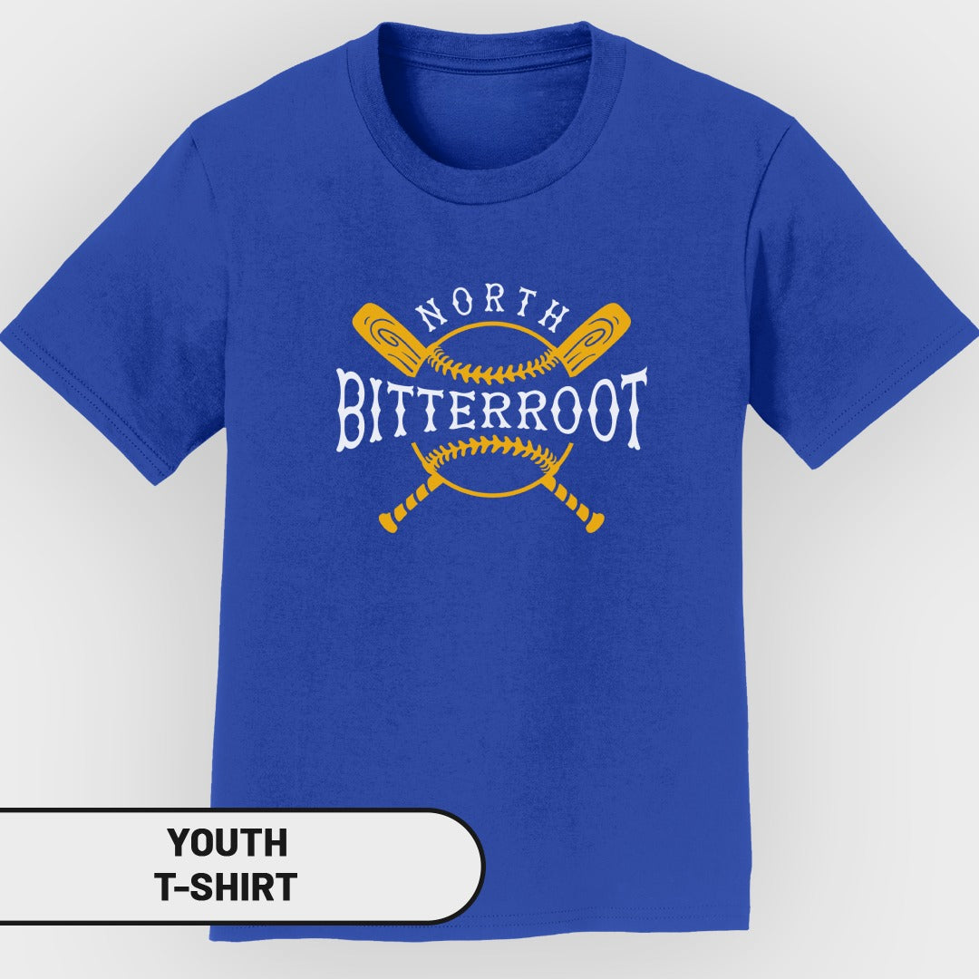 Royal blue youth t-shirt with "NORTH BITTERROOT" baseball graphic.
