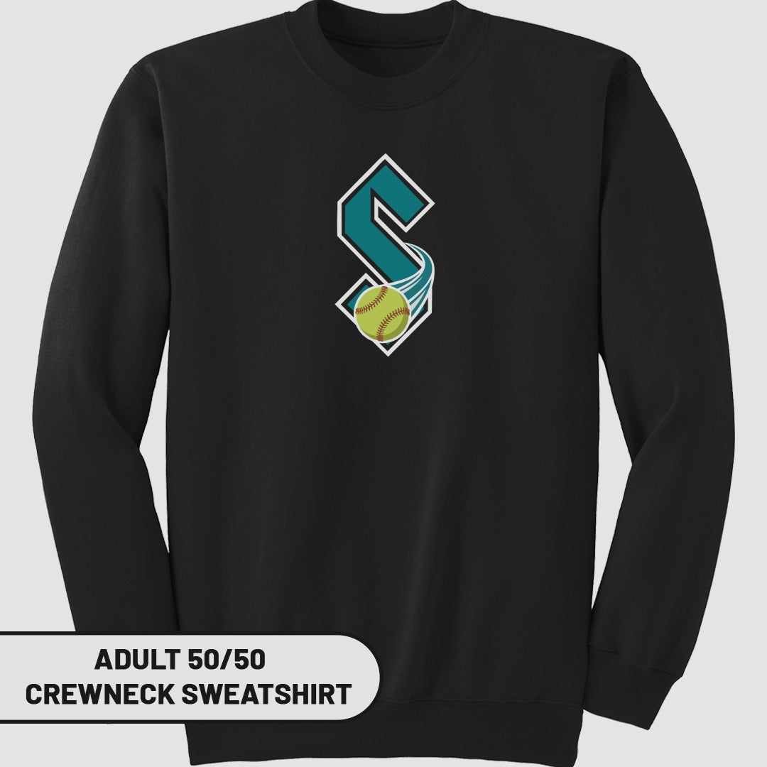 Black crewneck sweatshirt with teal 'S' logo and softball.