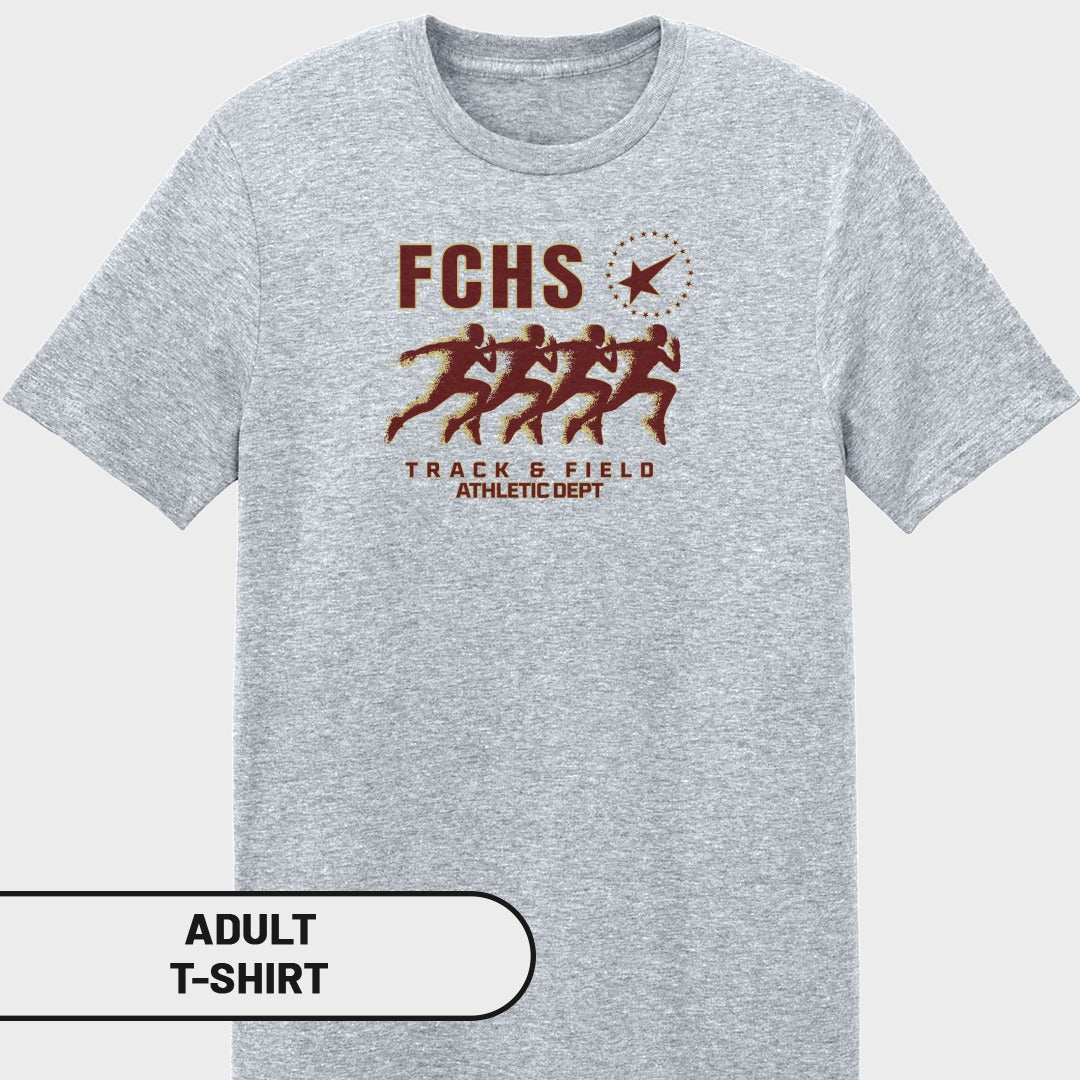 Gray t-shirt with "FCHS Track & Field Athletic Dept" and running figures.