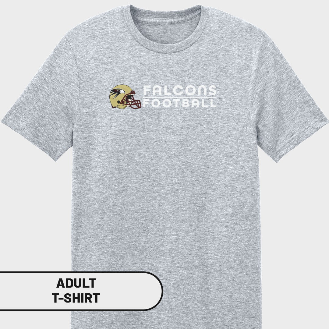 Grey adult t-shirt with "FALCONS FOOTBALL" and a helmet graphic.