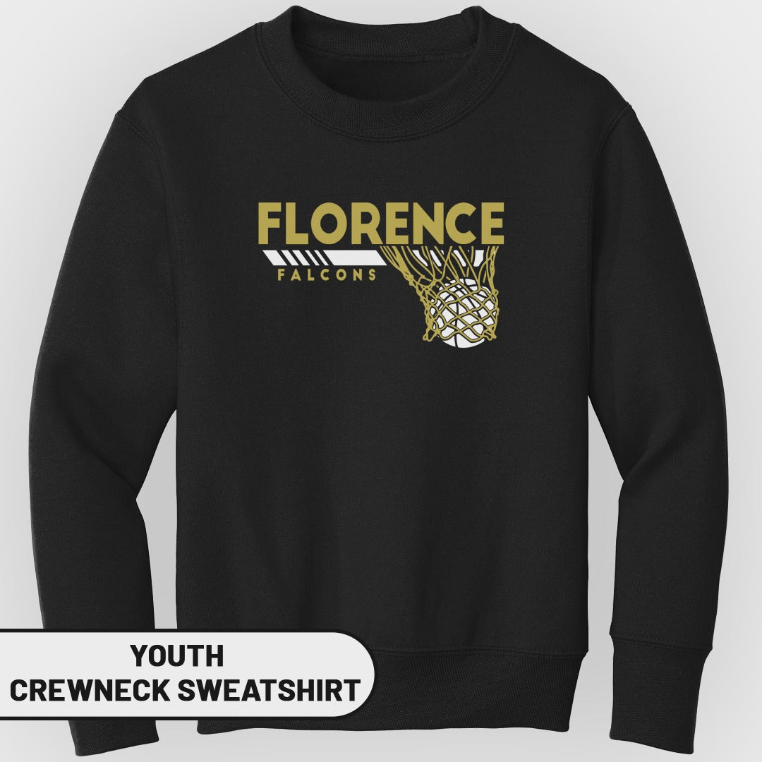Black youth crewneck sweatshirt with "Florence Falcons" text and basketball net graphic.