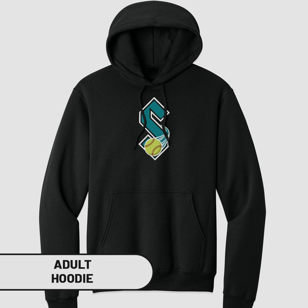 Black hoodie with a white "S" and softball logo.