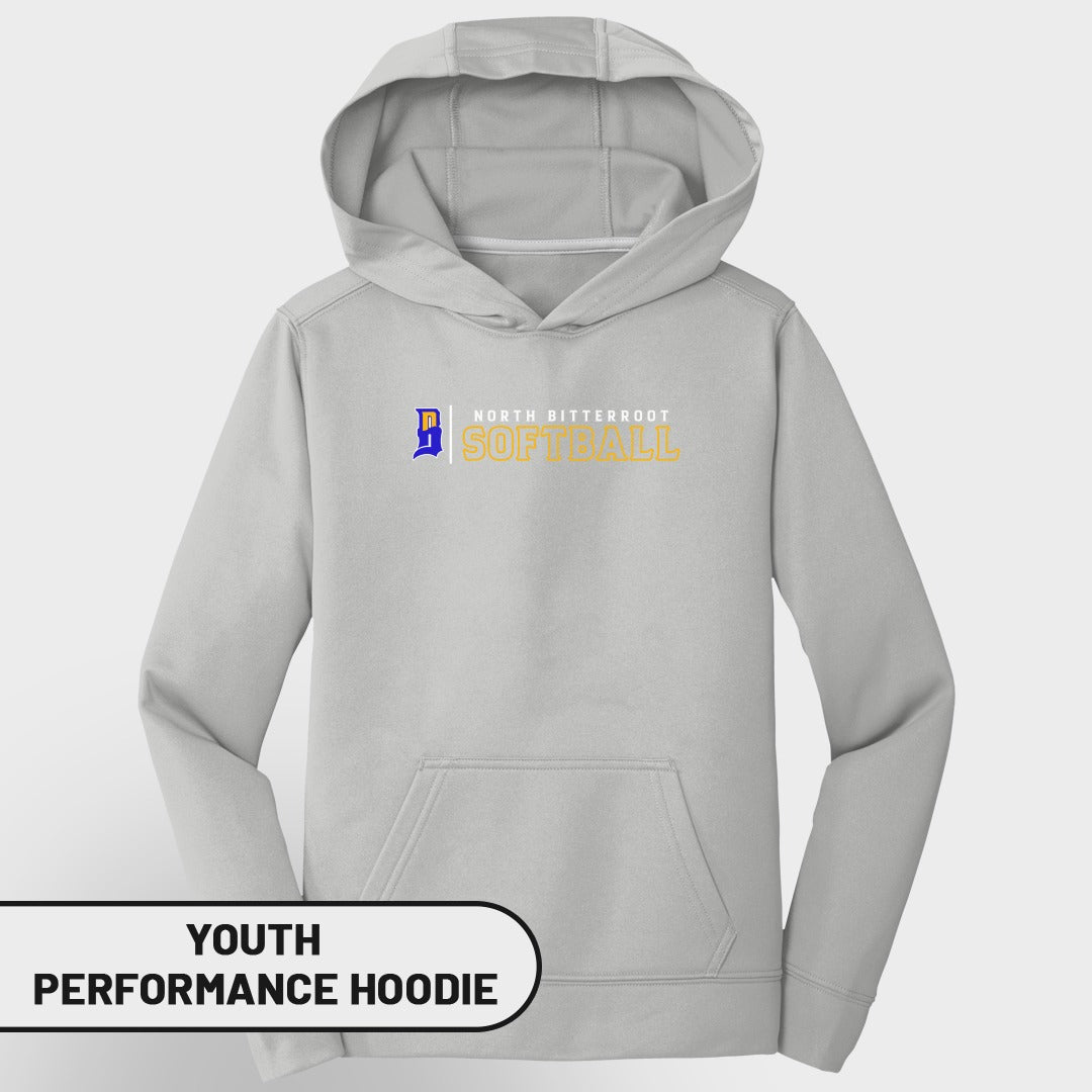 Gray youth performance hoodie with "North Bitterroot SOFTBALL" logo.