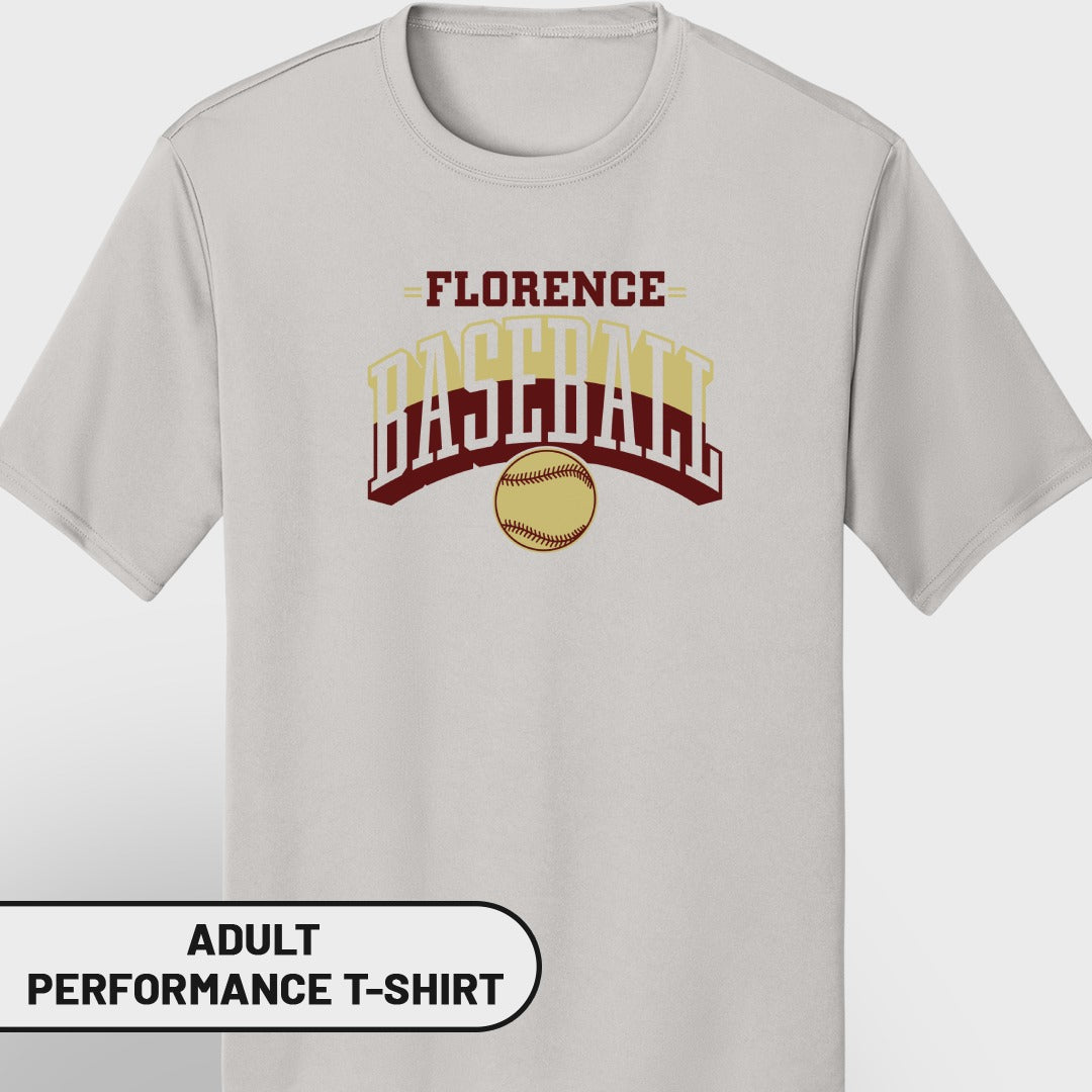 Light grey t-shirt with "Florence Baseball" text and baseball graphic.