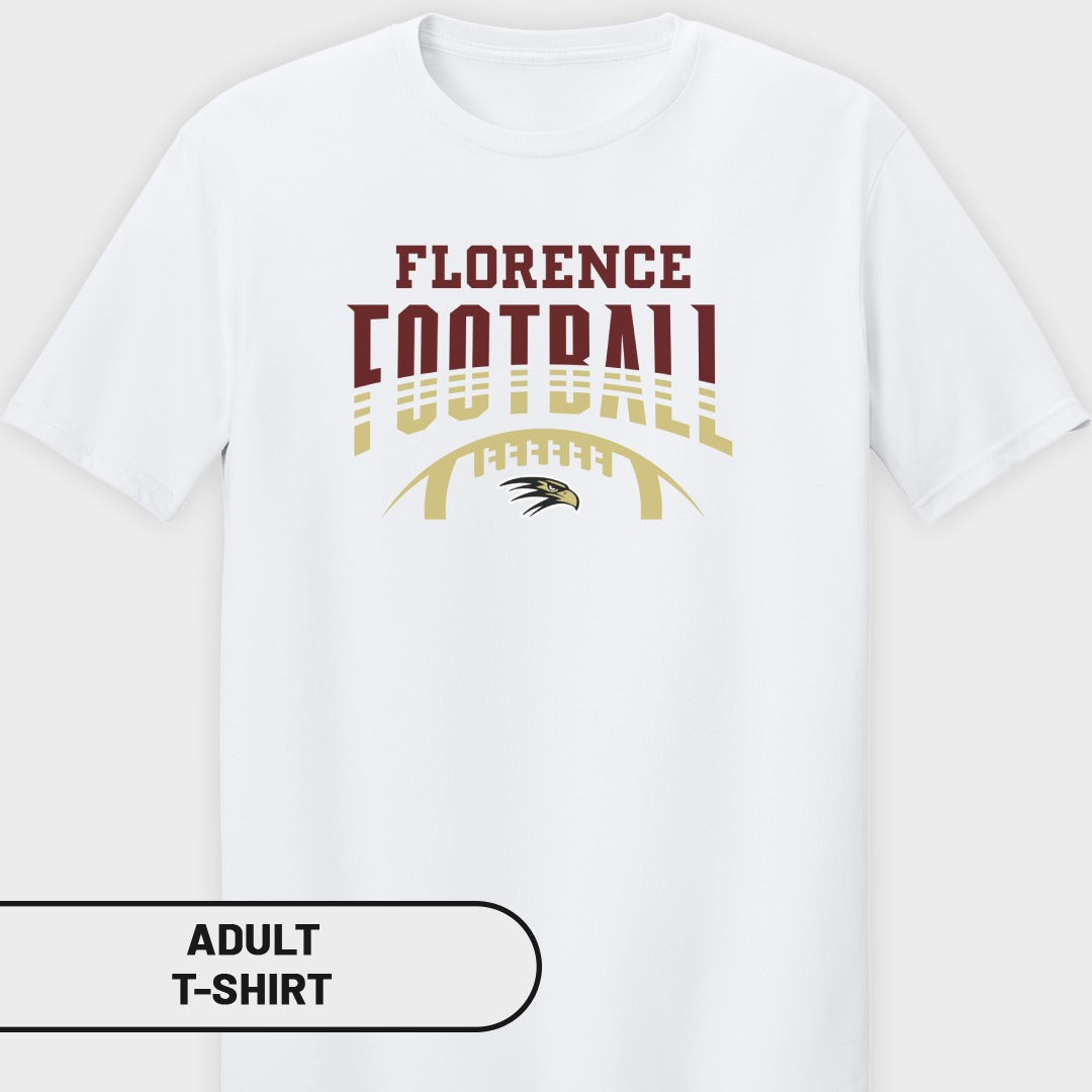 Adult t-shirt with "Florence Football" text and an eagle logo on a football graphic.