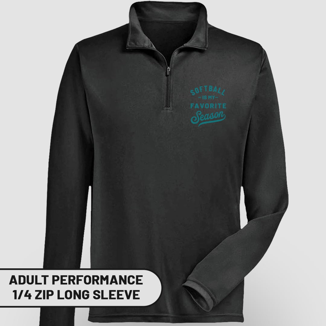 Black long sleeve quarter zip shirt with "Softball is my favorite season" text.