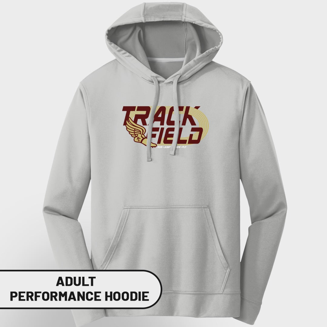 Light grey adult performance hoodie with "Track & Field" graphic and wings.