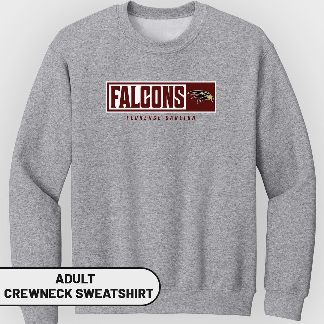 Grey adult crewneck sweatshirt with "Falcons Florence-Carlton" logo.