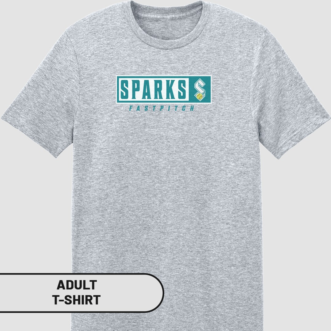 Grey adult t-shirt with "SPARKS FASTPITCH" logo in a teal rectangle.