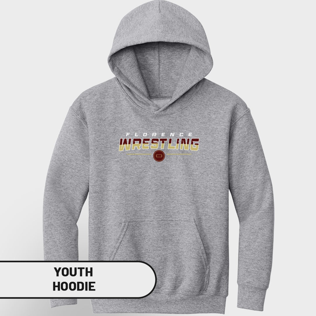 Gray youth hoodie with "Florence Wrestling" text and a maroon circular emblem.