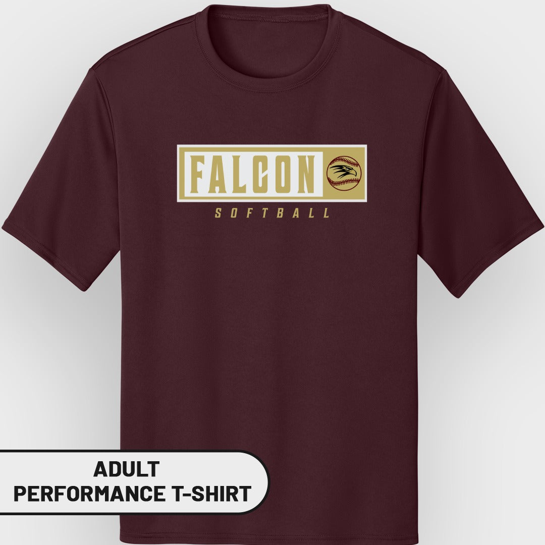 Maroon adult performance t-shirt with "FALCON SOFTBALL" and baseball graphic.