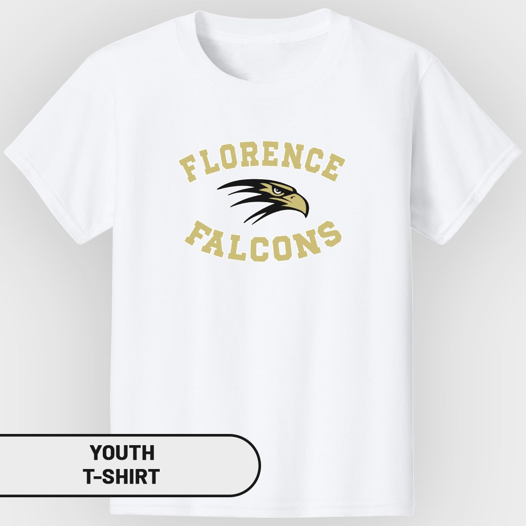 White youth t-shirt with "Florence Falcons" and eagle graphic.