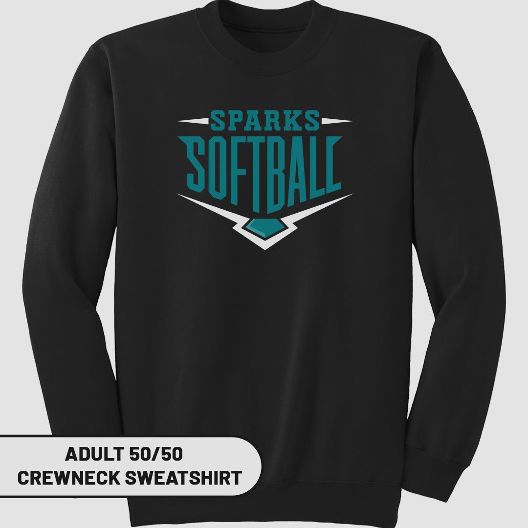 Black crewneck sweatshirt with "SPARKS SOFTBALL" logo.