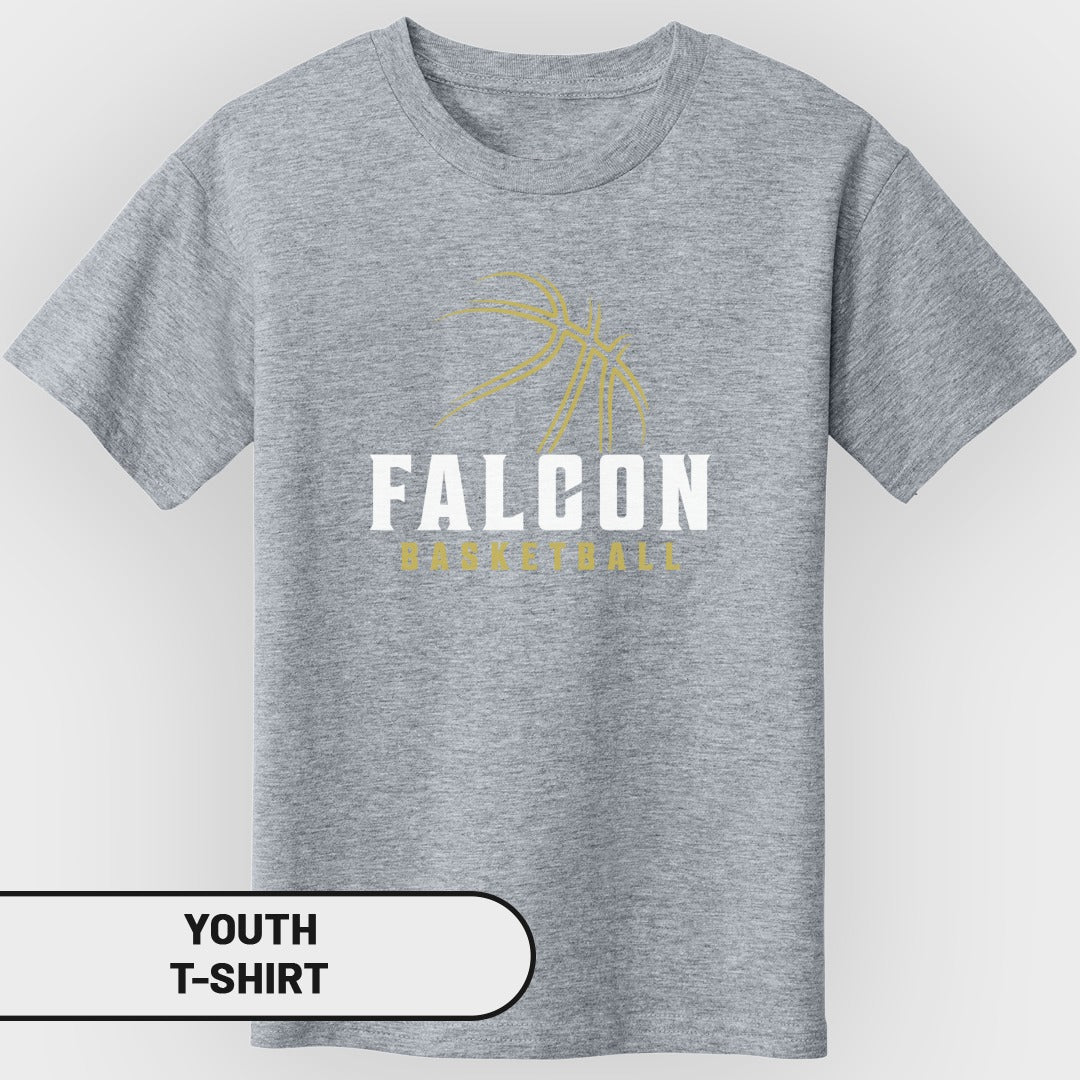 Grey youth t-shirt with "FALCON BASKETBALL" text and basketball graphic.