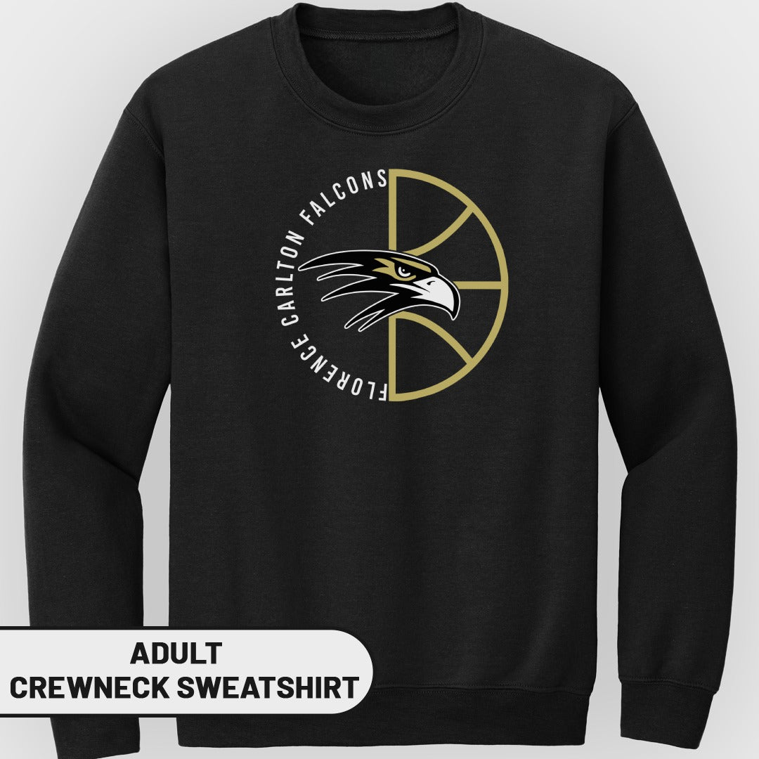 Black crewneck sweatshirt with "Florence Carlton Falcons" logo featuring an eagle and basketball.