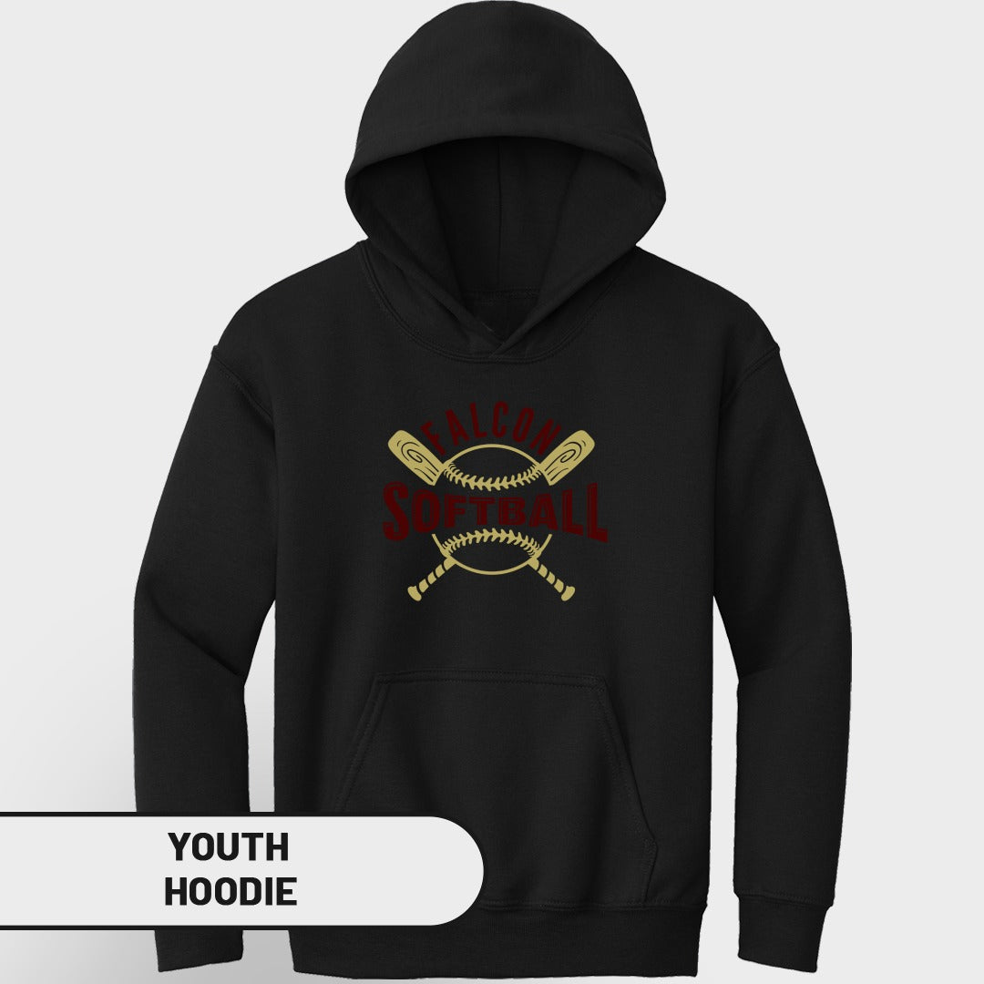 Black youth hoodie with "Falcon Softball" text and crossed bats and softball graphic.