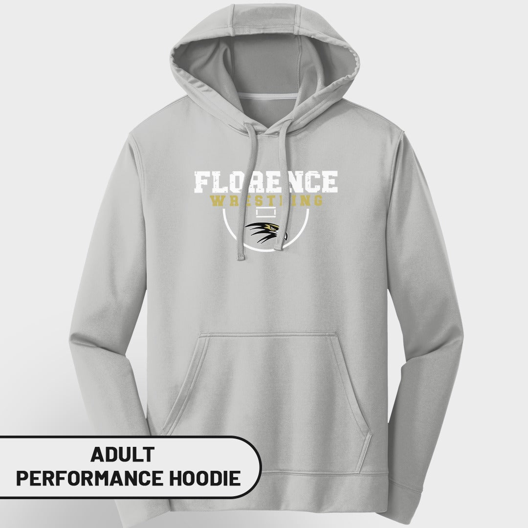 Grey adult performance hoodie with "Florence Wrestling" graphic and hawk logo.