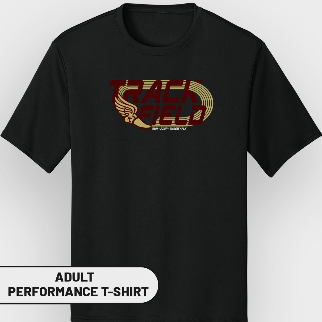 Black adult performance t-shirt with "Track and Field" graphic and "Run Jump Throw Fly" text.