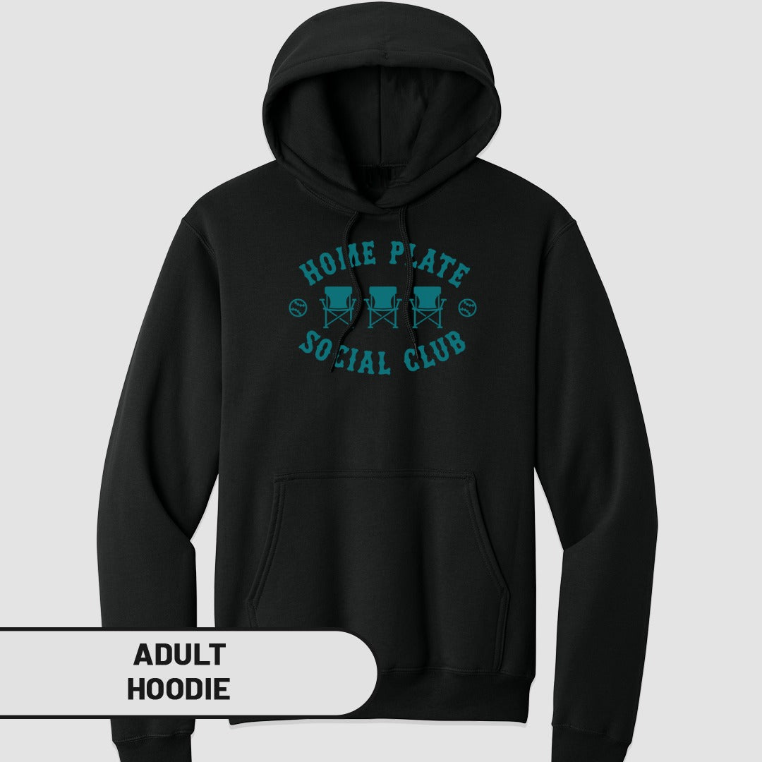 Black hoodie with "Home Plate Social Club" text and baseball graphics.
