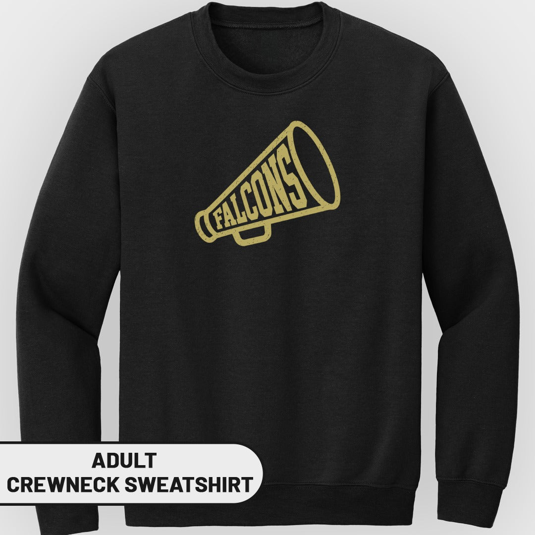 Black adult crewneck sweatshirt with gold distressed "FALCONS" megaphone graphic.