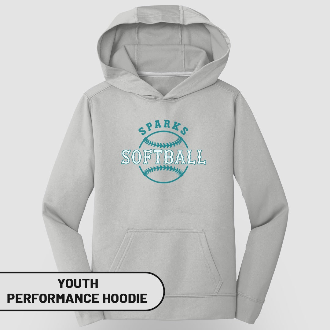 Light gray youth performance hoodie with "Sparks Softball" text and baseball graphic.