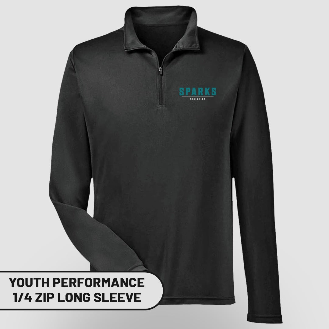 Black youth long-sleeve 1/4 zip shirt with "SPARKS FOOTBALL" logo.