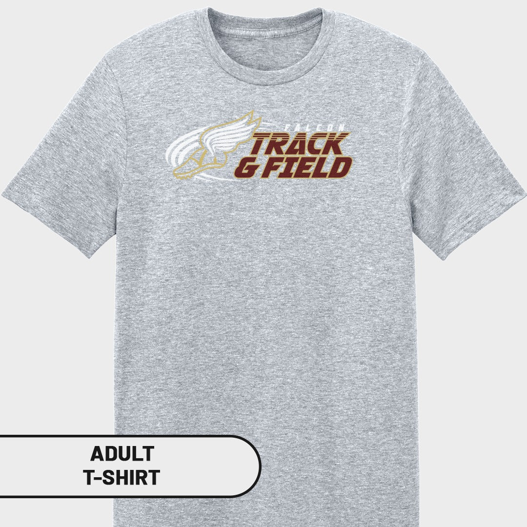 Grey adult t-shirt with "Falcon Track & Field" text and winged shoe graphic.