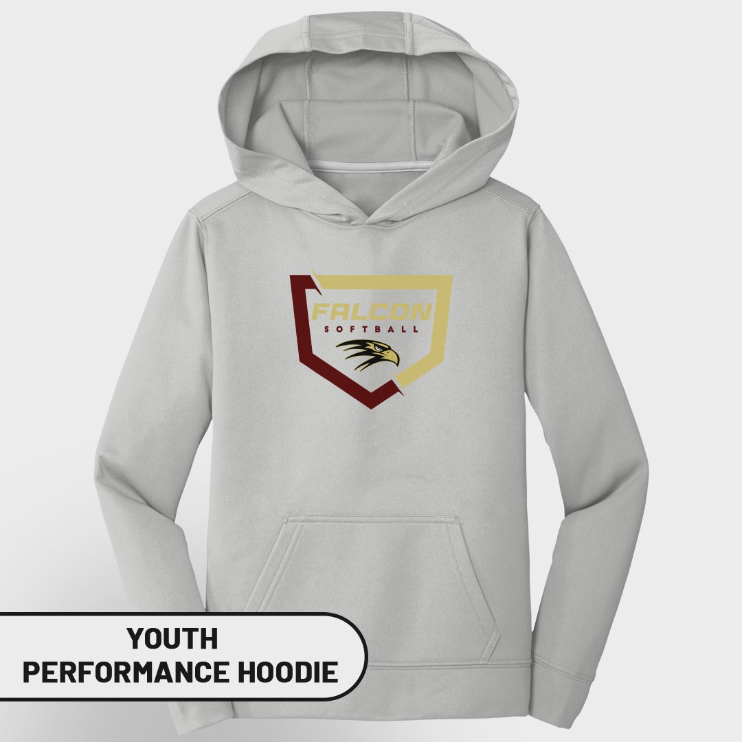 Light grey youth performance hoodie with Falcon Softball logo on the chest.