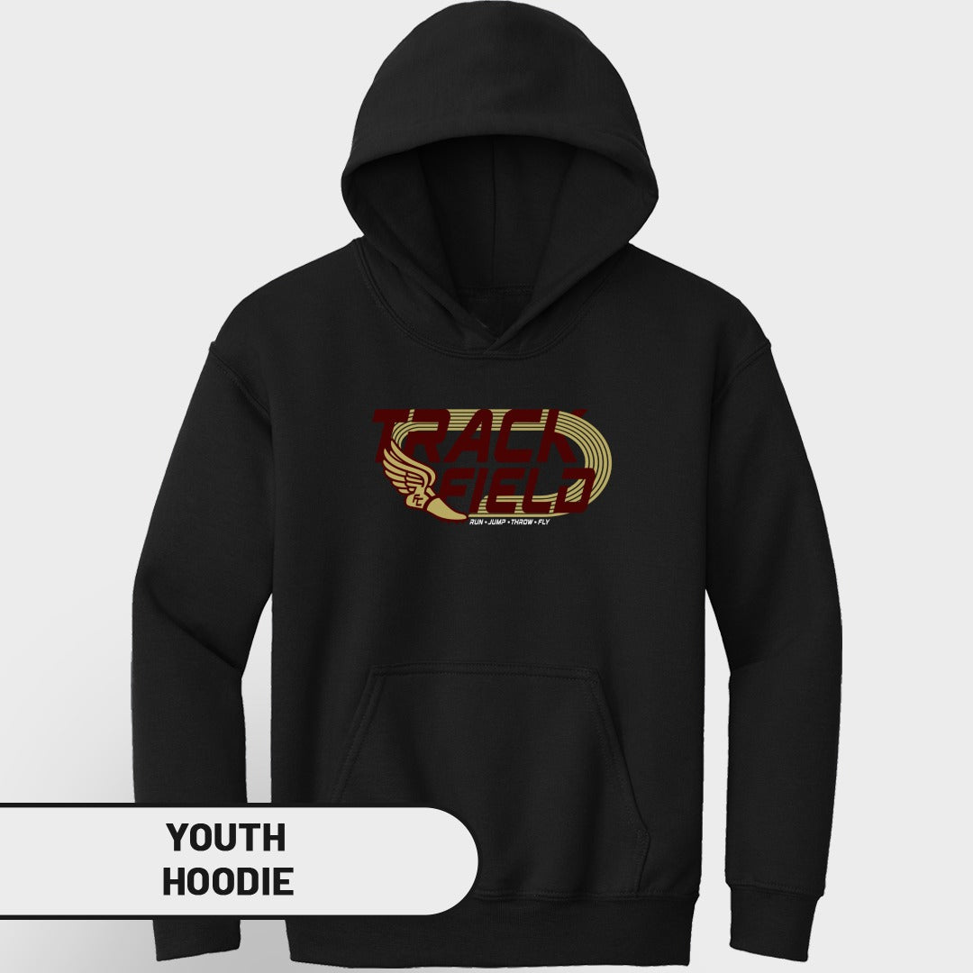 Black youth hoodie with "TRACK FIELD" and "RUN JUMP THROW FLY" graphic.